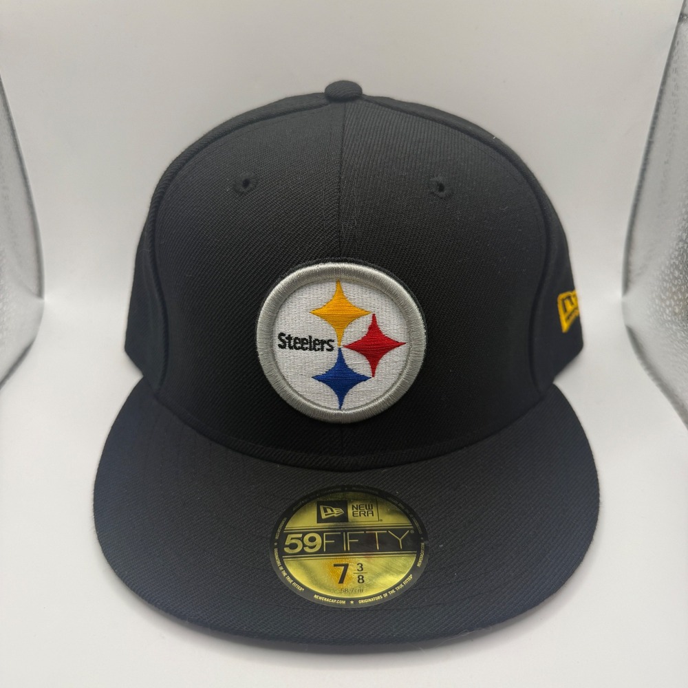 New Era 59FIFTY Pittsburgh Steelers Fitted Hat 7 3/8 Black NFL Cap Flat Brim
